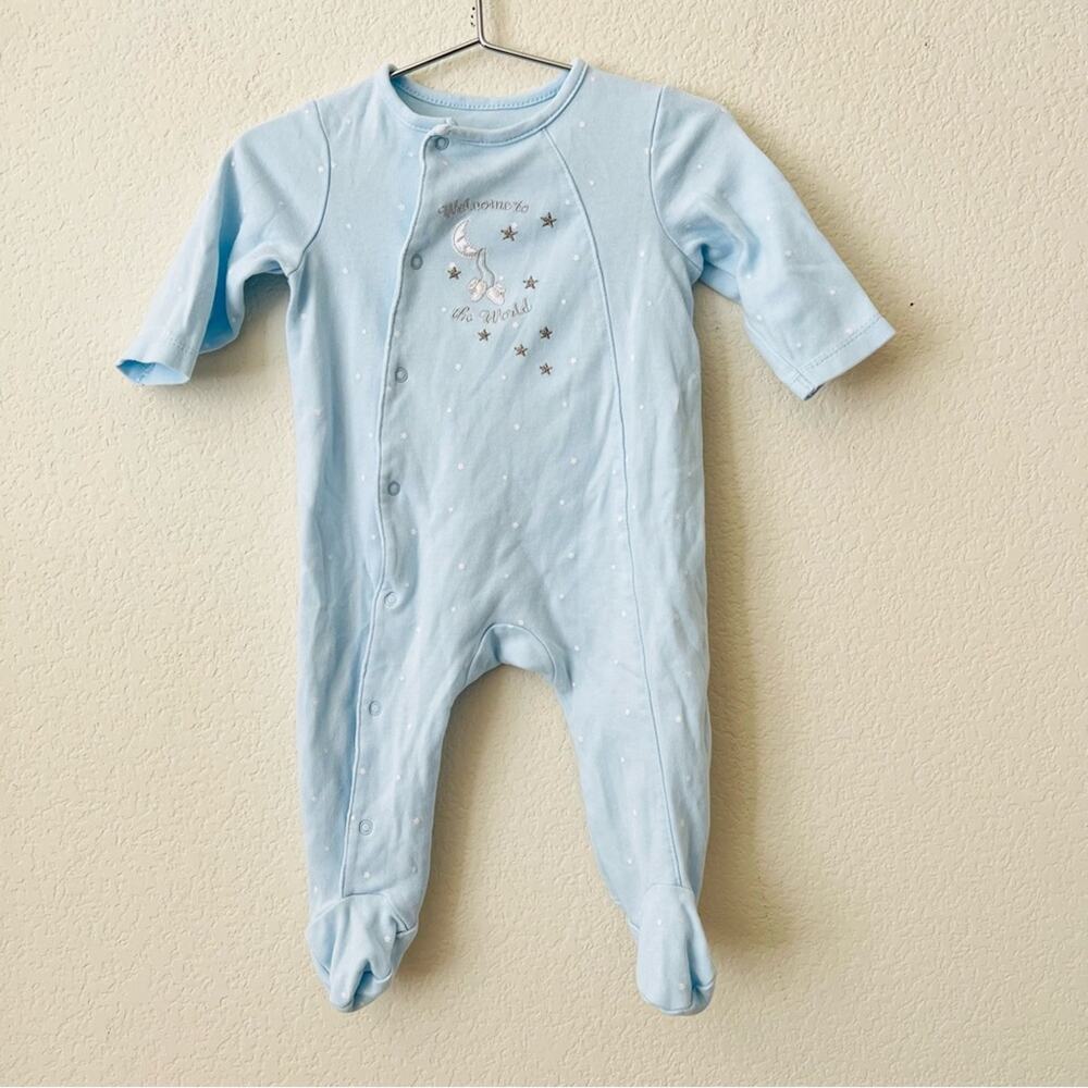 Little Me Welcome To The World light blue star footie onesie long sleeve